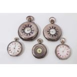 Two silver cased half hunter pocket watches and three silver fob watches