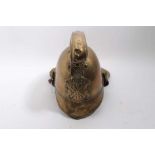 Edwardian Brass Merryweather Fireman's helmet with brass chin chains, leather lining and label for M