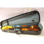 Old students violin in case with bow