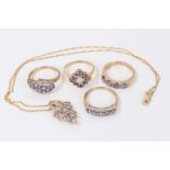 Three 9ct gold pale purple gem stone rings and similar 9ct gold pendant on 9ct gold chain