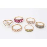 Six 9ct gold gem set dress rings