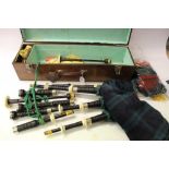 Set of Scottish bagpipes in wooden box
