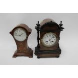 Edwardian inlaid mantle clock and another in ebonised and walnut case (2)