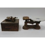 Collection of antique keys, weighing scales and weights