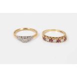 18ct gold diamond single stone ring in platinum setting and 18ct gold ruby and diamond seven stone r