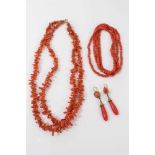 Antique coral jewellery to include two necklaces and pair drop earrings