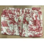 Pair of vintage pink and cream toile fabric curtains