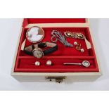 Jewellery box containing vintage 9ct rose gold cased Rotary wristwatch, cameo brooch etc