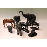 Large carved Ebony Elephant together with a group of other carved wood animals (qty)