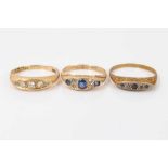 Edwardian 18ct gold sapphire and diamond ring, one other similar ring and 18ct gold diamond five sto