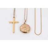 9ct gold cross pendant on chain, 9ct gold locket on chain and one other 18ct goldchain
