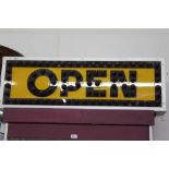 Vintage illuminated shop open sign in metal case, 108.5cm in length