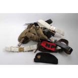 Second World War canvas webbing belt with waterbottle and various pouches, together with a Sam Brown