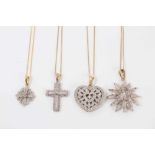 Four 9ct gold diamond set pendants on 9ct gold chains