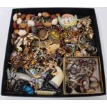 Group vintage costume jewellery including various brooches, silver gem set rings, silver earrings an