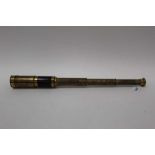 Antique brass three-drawer telescope, with mahogany support, sliding eyepiece and threaded cap