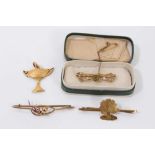 Edwardian seed pearl and citrine brooch, 15ct gold tree brooch and 9ct gold bar brooch, together wit