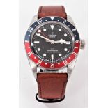 Gentleman's Tudor Black Bay GMT Wristwatch, Model No. 79830RB, on brown leather strap