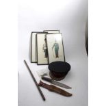 Group of Irish Regimental framed prints, together with an officers' cap, leather baton, coins, whist