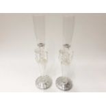 Pair of contemporary glass candlesticks with prismatic drops by Julien Macdonald