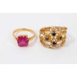 Two Indian yellow metal gem set dress rings