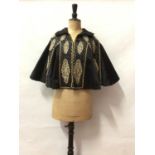 Victorian black silk satin cropped Mourning cape with chain stitch embroidery, sequins and lace. Eg