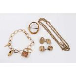 Group 9ct gold jewellery to include a charm bracelet, pair cufflinks, chain and brooch mount