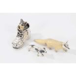 Three silver and enamel miniature animals to include a fox, dog and kitten inside a boot