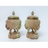 Pair of Royal Worcester Blush Ivory reticulated Pot Pourri vases and covers