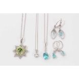 Group 9ct white gold gem set jewellery to include three pendant necklaces and two pairs of blue ston