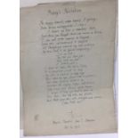 Edmund Blunden (1896-1974) handwritten poem in his own hand. with dedication to Pamela Chandler