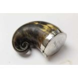 Antique horn snuff mull, with white metal hinged cover engraved 'Andrew Brown Daventry', 7cm long