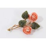 18ct gold coral and green hard stone floral spray brooch