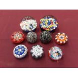 Nine Strathearn paperweights including x5 miniature Millefiori, x2 Aura and x2 End of Day Paperweigh