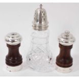 Contemporary silver mounted turned wood salt and pepper mills, together with a silver topped cut gla