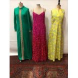 Vintage dresses - 1970's Richards printed linen hostess dress, California kaftan style green maxi, s