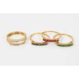 14ct gold diamond set split band ring with three 14ct gold gem set rings