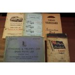 Collection of 15 Austin, Standard and Triumph parts lists, instruction and hand books (to include Pr