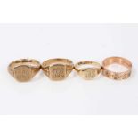 Three 9ct gold signet rings with engraved monograms and rose gold ring with four leaf clover design