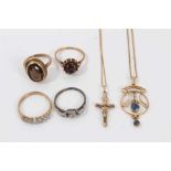 Group 9ct gold jewellery to include four gem set dress rings and two pendant necklaces