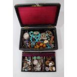 Victorian leather jewellery box containing antique and vintage costume jewellery