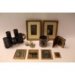 Pair of Second World War binoculars, daguerreotypes, compasses and other items
