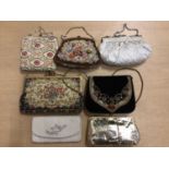 Vintage evening bags including petit point, tapestry, micro- beading, bullion work on black velvet,