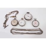 Georgian silver cased pocket watch, three silver cased fob watches and two fob chains