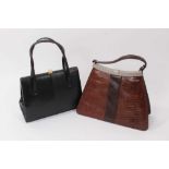 Two vintage handbags, one brown leather and lizard skin by Ceancarel the other is black lizard skin