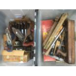 Two boxes of vintage hand tools including planes etc