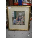 Interesting watercolour painting of a puppet maker, framed and glazed, the picture measuring 20.5 x