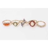 Five 9ct gold opal and gem set dress rings