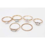 Six 9ct gold synthetic stone dress rings