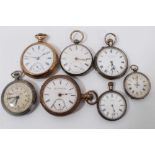 Two silver cased pocket watches, two silver fob watches, Waltham gold plated watch, Elgin gold plate